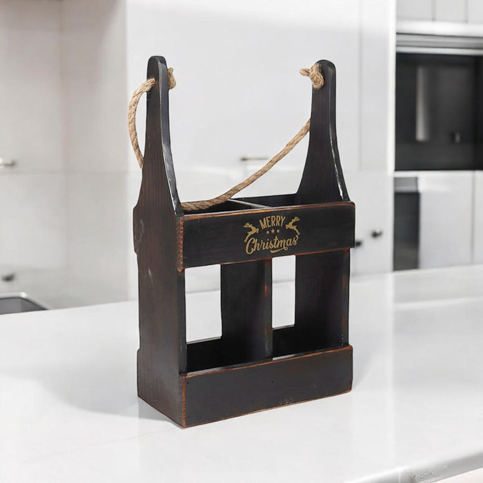 39CM WOODEN BLACK 2 BOTTLE WINE HOLDER