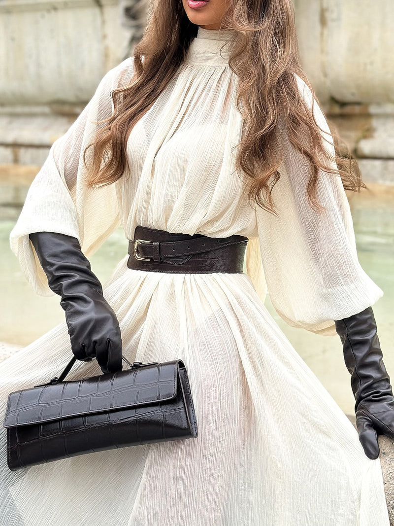White Long-sleeved Ruffled Tie Dress