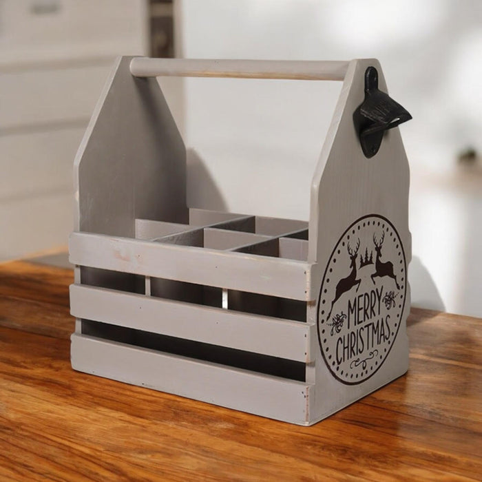 RUSTIC GREY  6 BOTTLE HOLDER WITH OPENER