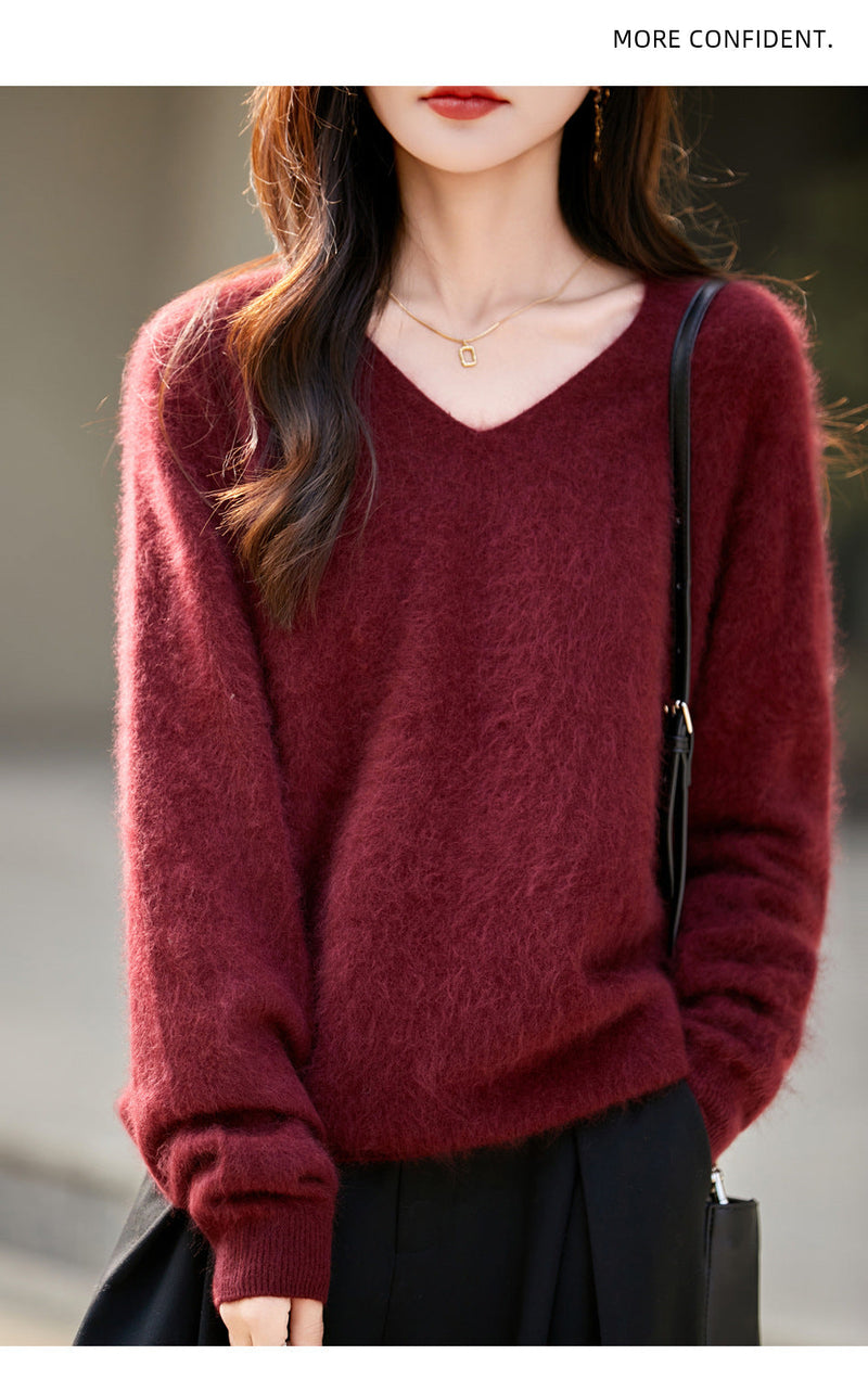 V-neck Cashmere Knit Women's Loose-fit Sweater