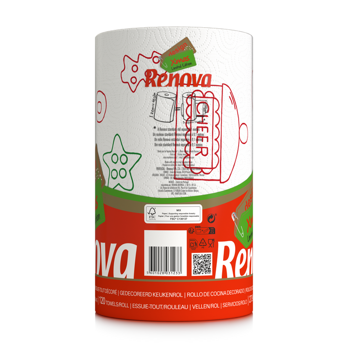 Renova Festive Christmas Kitchen Roll 1 Roll Per Pack – XXL Durable Holiday Paper Towels Decorative Designs 120 Sheets | 3x Larger Than Standard Rolls