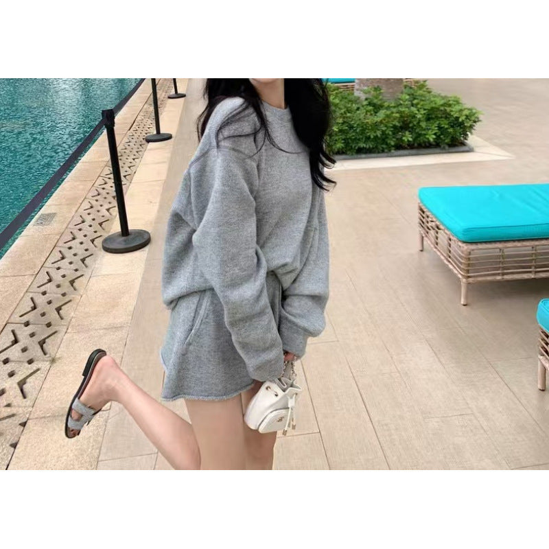 Loose-fitting Long Sleeve Sweater Knitted Wide Leg Shorts Two-piece Set