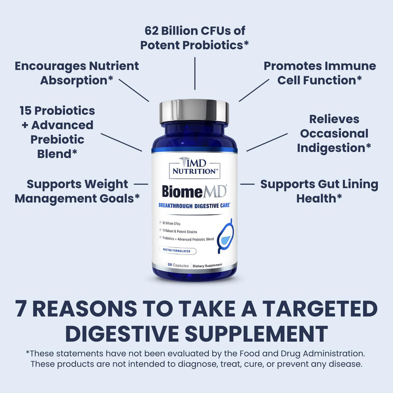 BiomeMD Probiotics by 1MD Nutrition — 62B CFUs, 15 Strains + Prebiotics | Digestive & Immune Support | 60 Capsules