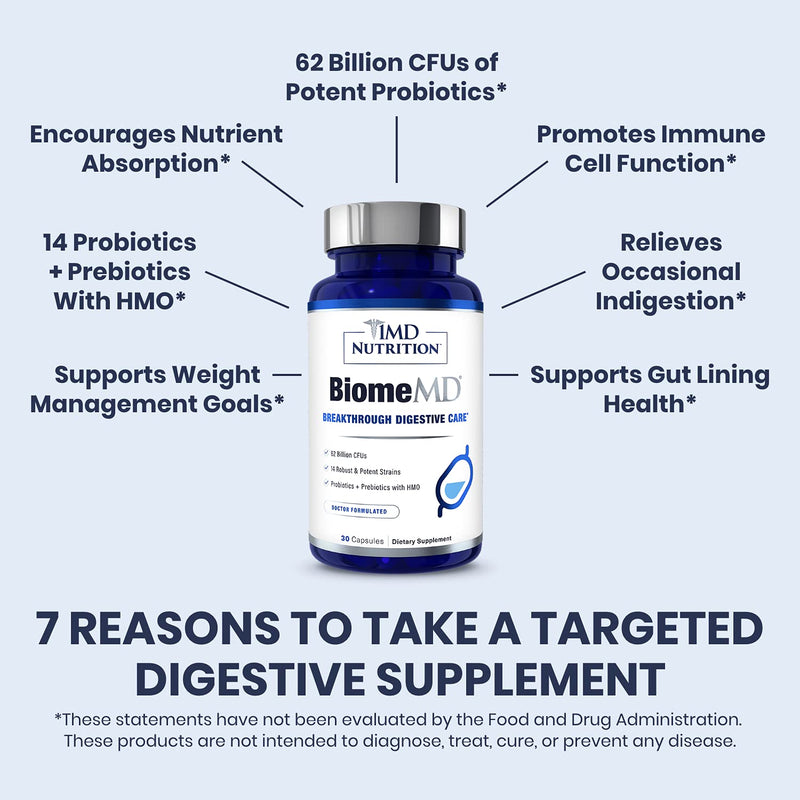 BiomeMD Probiotics by 1MD Nutrition | 62B CFUs, 15 Strains + Prebiotics | Digestive & Immune Support | 30 Capsules