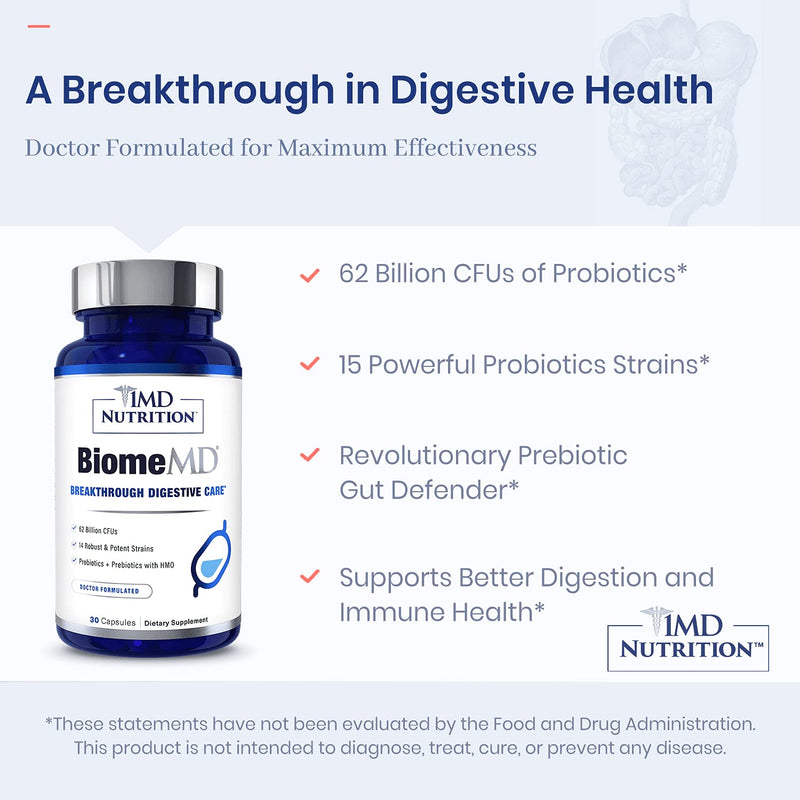 BiomeMD Probiotics by 1MD Nutrition | 62B CFUs, 15 Strains + Prebiotics | Digestive & Immune Support | 30 Capsules