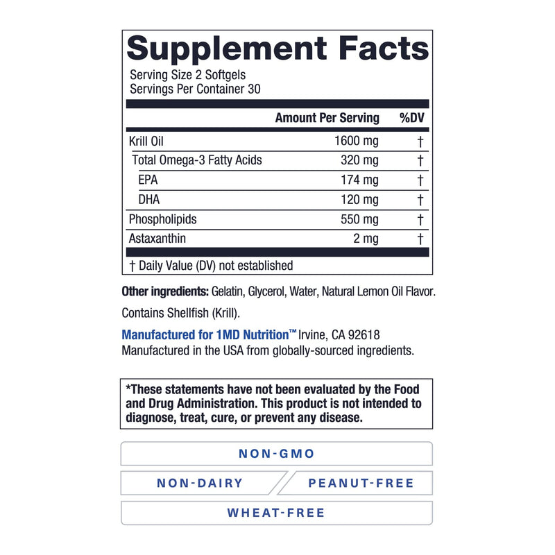 1MD KrillMD Antarctic Krill Oil Omega-3 with Astaxanthin | 60 Softgels | 2x More Effective Than Fish Oil