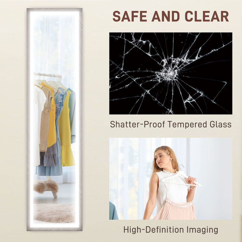 HOMCOM Dimming Full Length Mirror w/ Lights Standing Leaning Wall Mount Grey