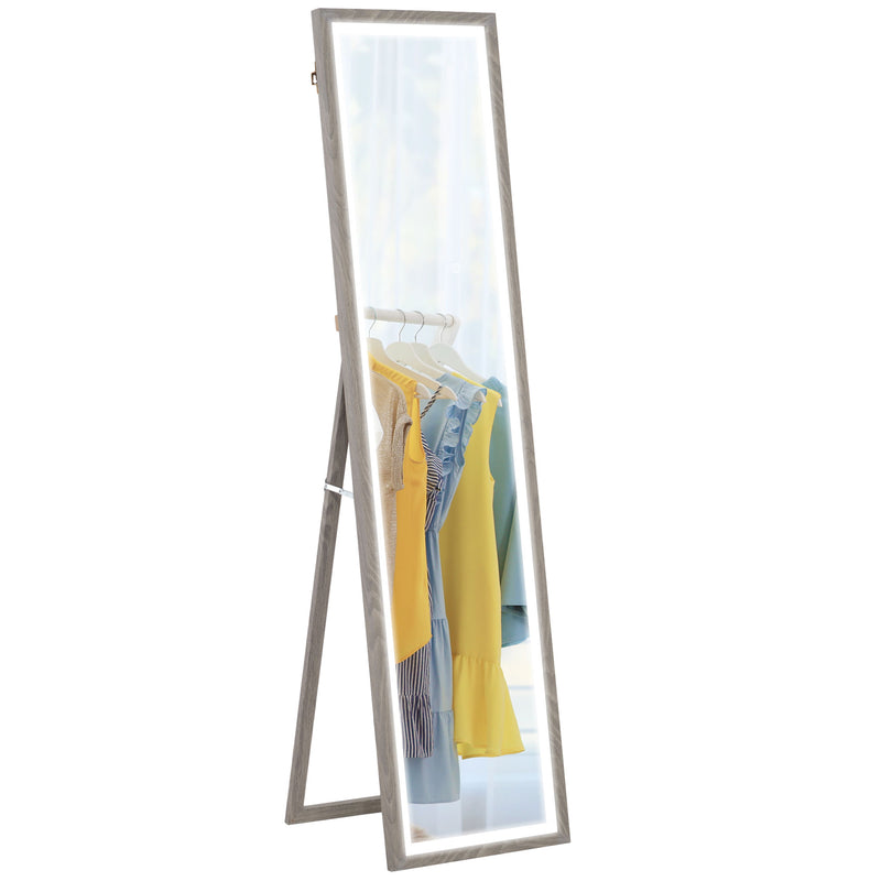 HOMCOM Dimming Full Length Mirror w/ Lights Standing Leaning Wall Mount Grey