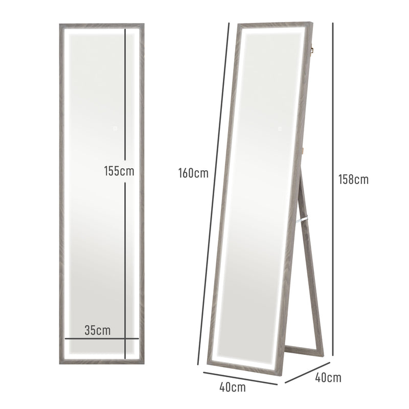 HOMCOM Dimming Full Length Mirror w/ Lights Standing Leaning Wall Mount Grey