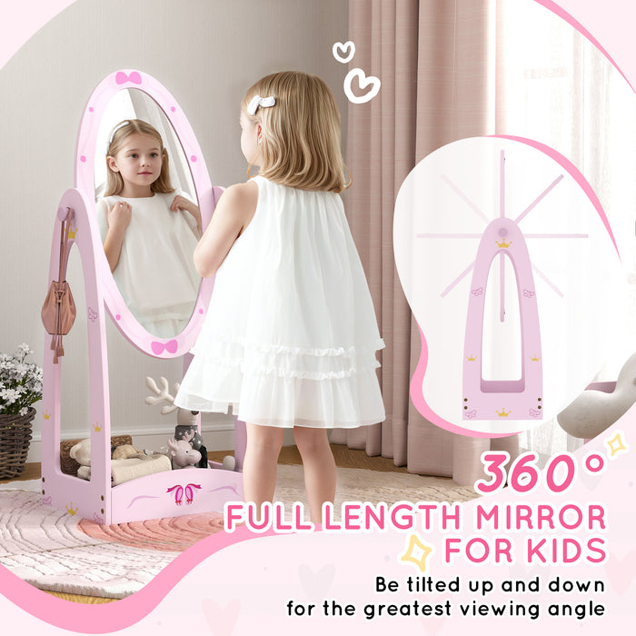 AIYAPLAY 360° Rotating Kids Full Length Mirror with Storage Shelf, Pink