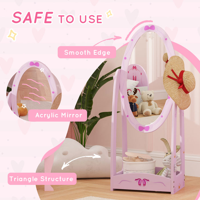 AIYAPLAY 360° Rotating Kids Full Length Mirror with Storage Shelf, Pink