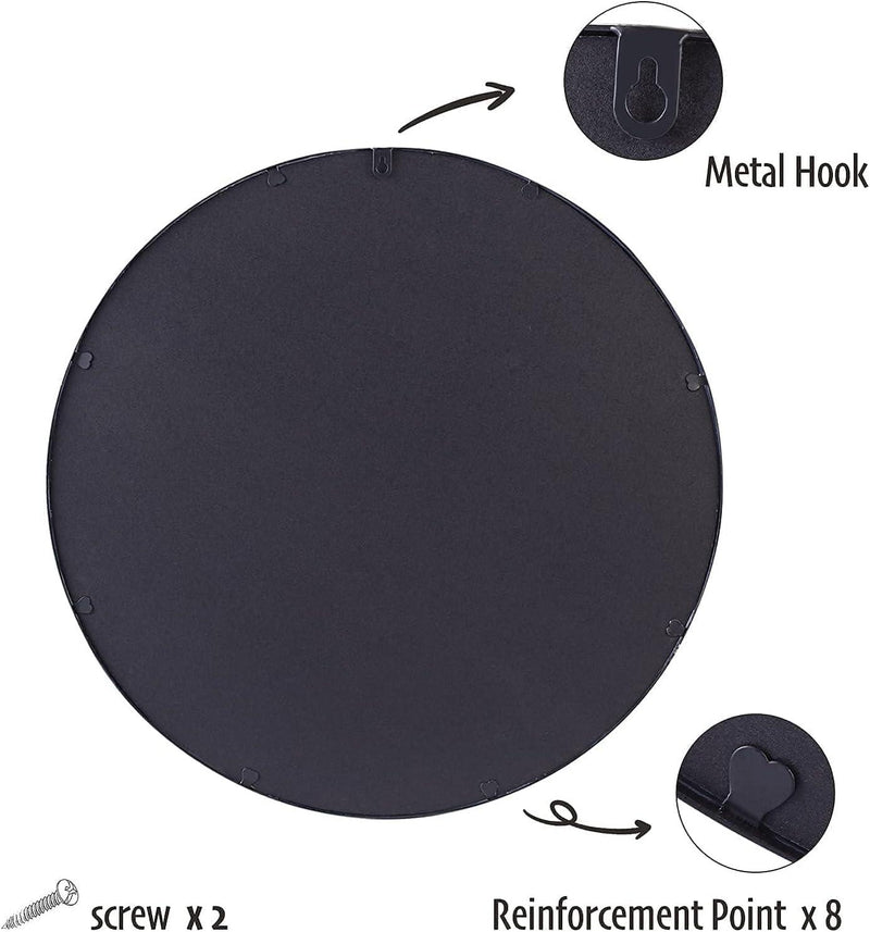 Round Wall Mirror 50x50cm Metal Frame Black Bathroom Living Room Decor ZENIDA