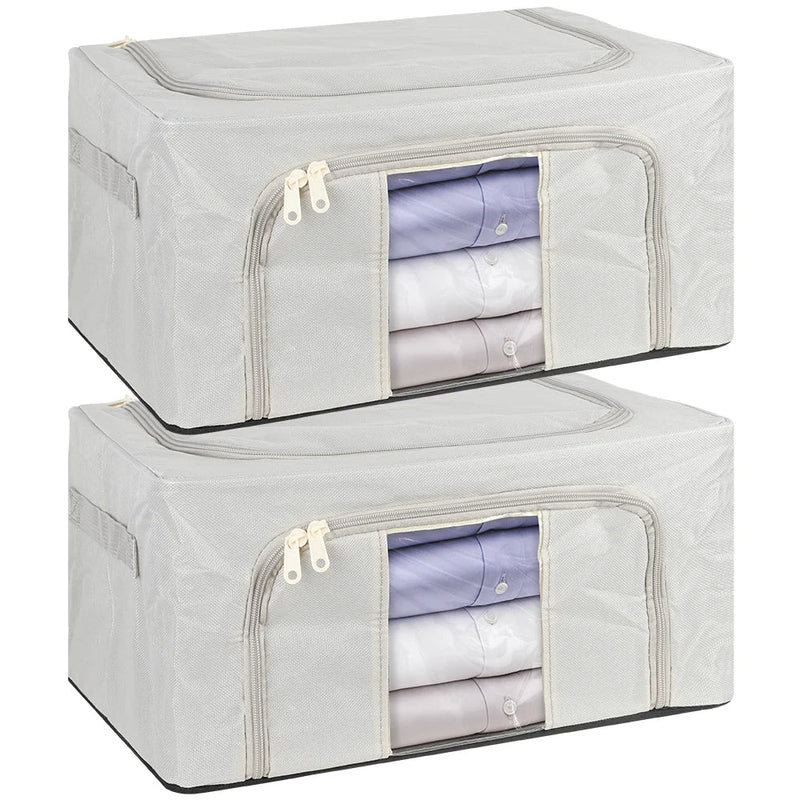 2 Pack 24L Foldable Storage Bags Metal Frame Oxford Clothes Organiser Box Grey