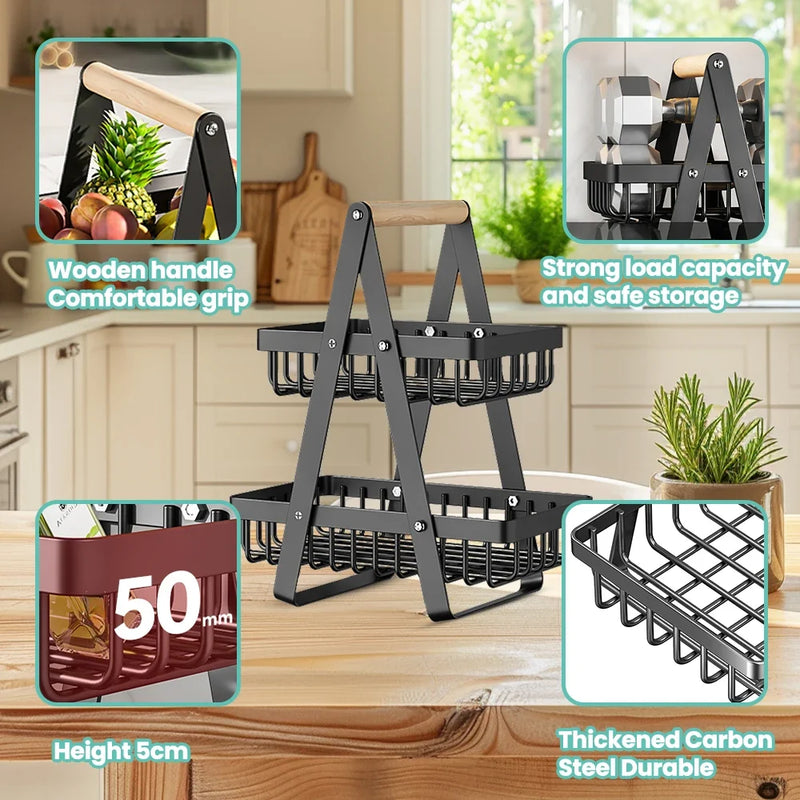 2-Tier Fruit Basket - Food & Vegetable Storage Rack for Kitchen & Snacks