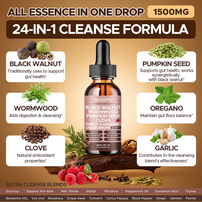 2 Pack 24-in-1 Black Walnut Wormwood Tincture – Alcohol-Free, Raspberry