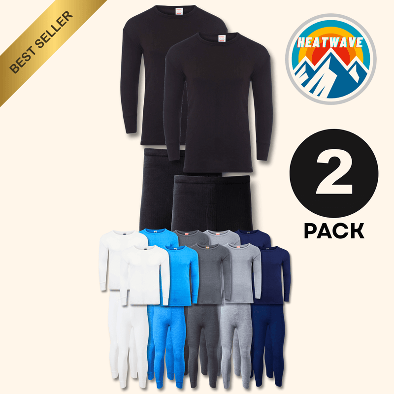 2 Pack Men's Thermal Underwear Set Long Sleeve Tops and Long John Bottoms Warm Baselayer Insulated Brushed Yarn for Running Hiking and Workwear Insulating Yarn Small to XXL White Black Grey Navy by Heatwave Thermalwear