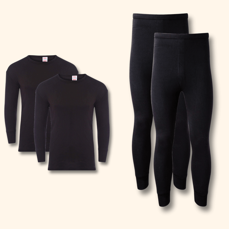 2 Pack Men's Thermal Underwear Set Long Sleeve Tops and Long John Bottoms Warm Baselayer Insulated Brushed Yarn for Running Hiking and Workwear Insulating Yarn Small to XXL White Black Grey Navy by Heatwave Thermalwear