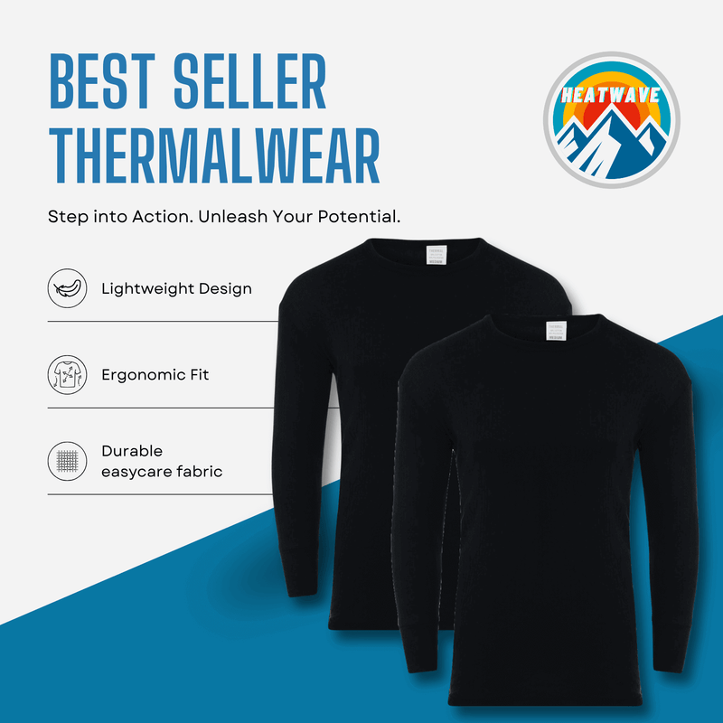2 Pack Mens Thermal Underwear Set T Shirt Tops and Long John Bottoms Warm Baselayer Insulated Brushed Yarn for Winter Outdoor Sports in Small to XXL White Black Grey Navy by Heatwave Thermalwear