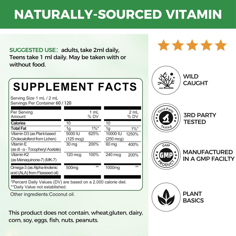 2 Pack Organic Vitamin D3 K2 Liquid with Vegan Omega-3 & Coconut MCT Oil | 10000 IU