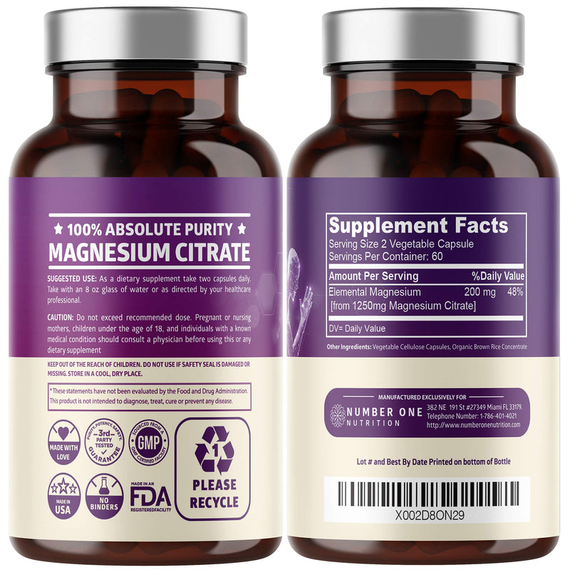 2-Pack Magnesium Citrate Capsules 1250mg | Muscle & Digestive Support - 240 Caps