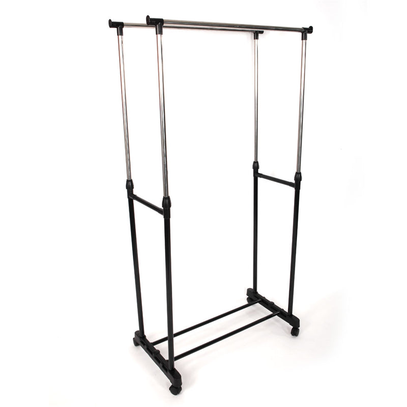 Dual-bar Vertical & Horizontal Stretching Stand Clothes Rack with Shoe Shelf YJ-03 Black & Silver