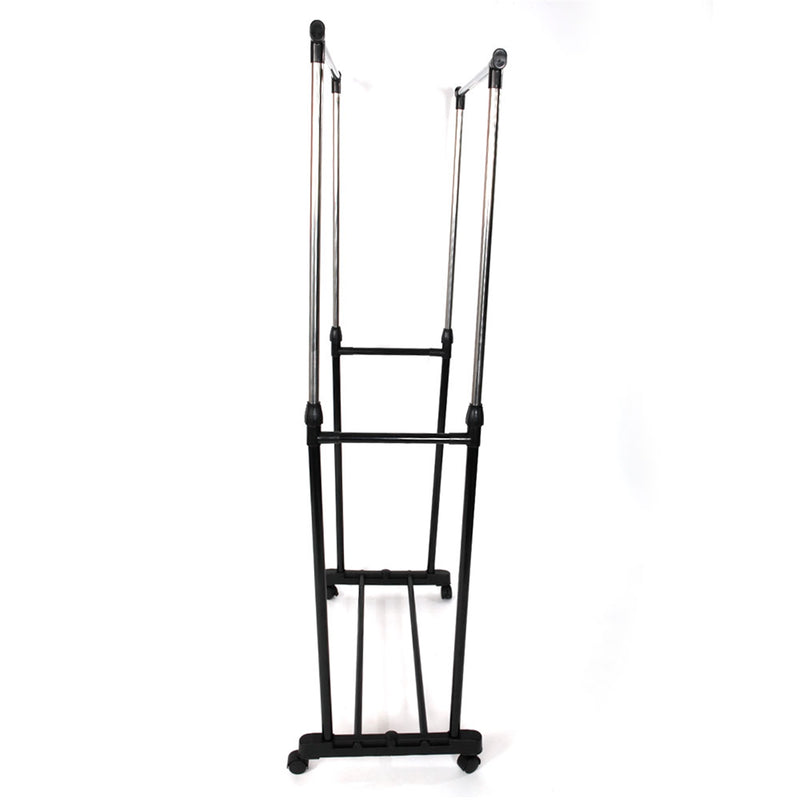 Dual-bar Vertical & Horizontal Stretching Stand Clothes Rack with Shoe Shelf YJ-03 Black & Silver