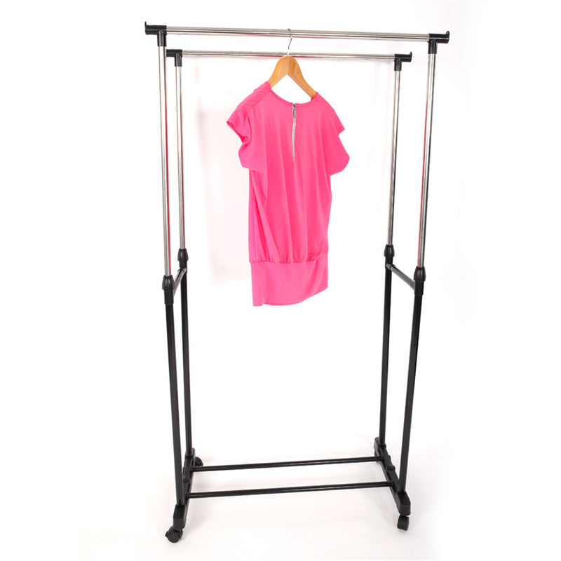 Dual-bar Vertical & Horizontal Stretching Stand Clothes Rack with Shoe Shelf YJ-03 Black & Silver