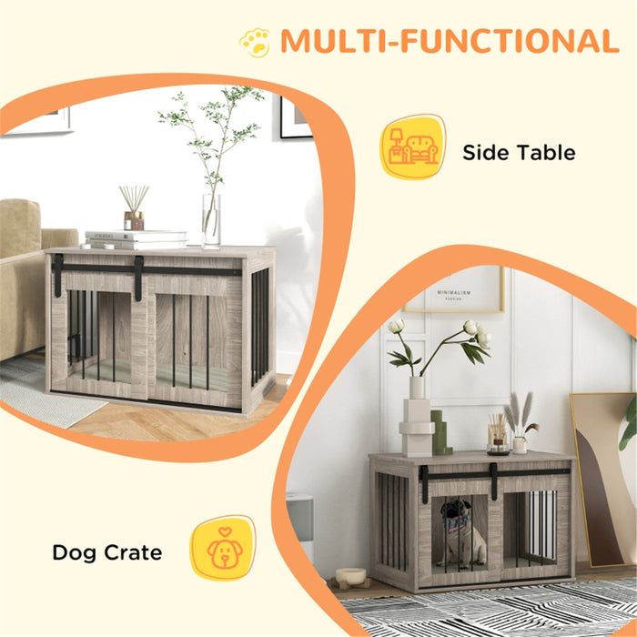 80CM Dog Crate Side Table with Sliding Latch - Brown and beige