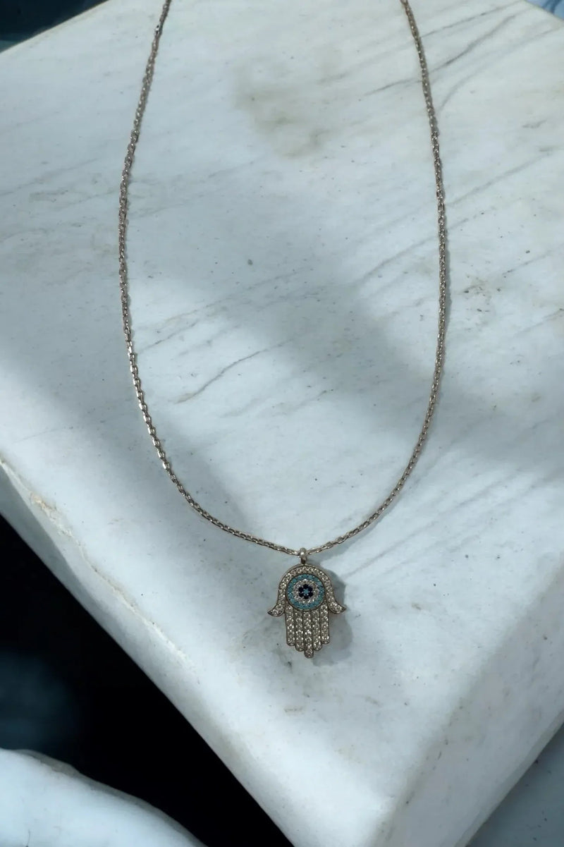 Hamsa Hand With Evil Eye Pendant Necklace Turquoise Silver