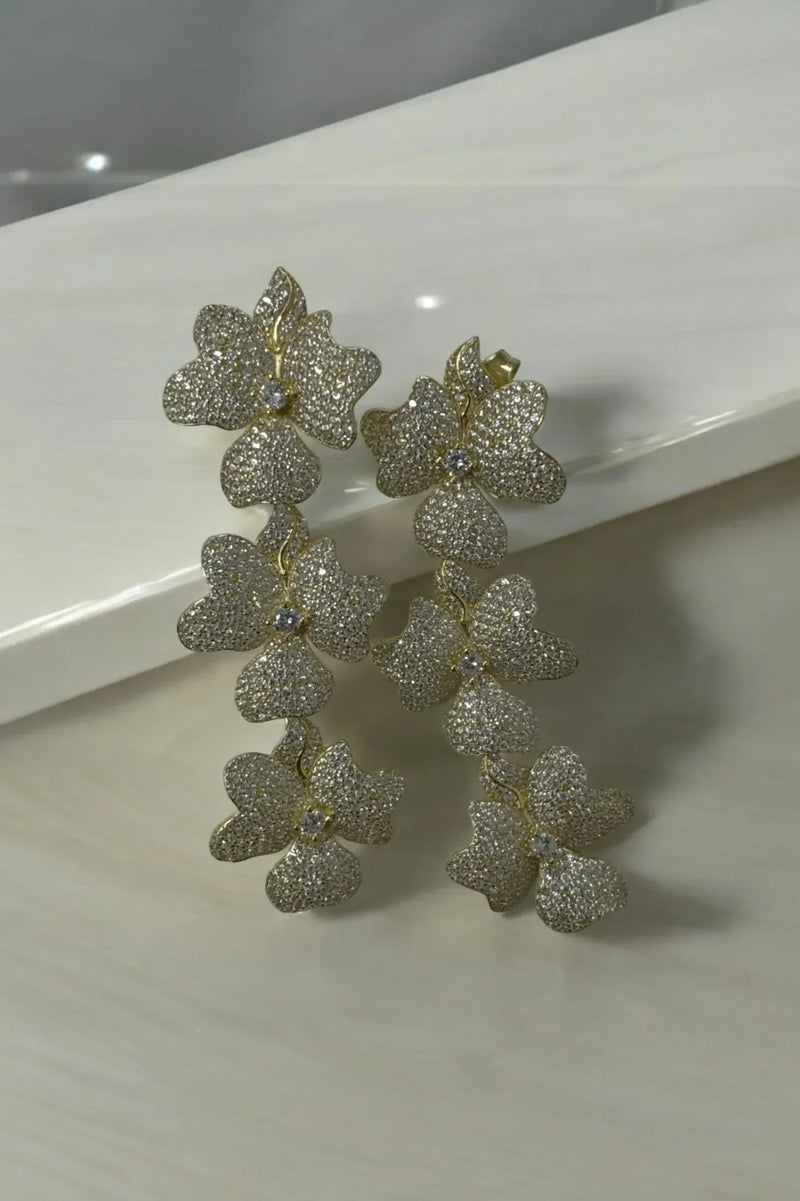 Jasmine Flower Triple Drop Earrings Gold