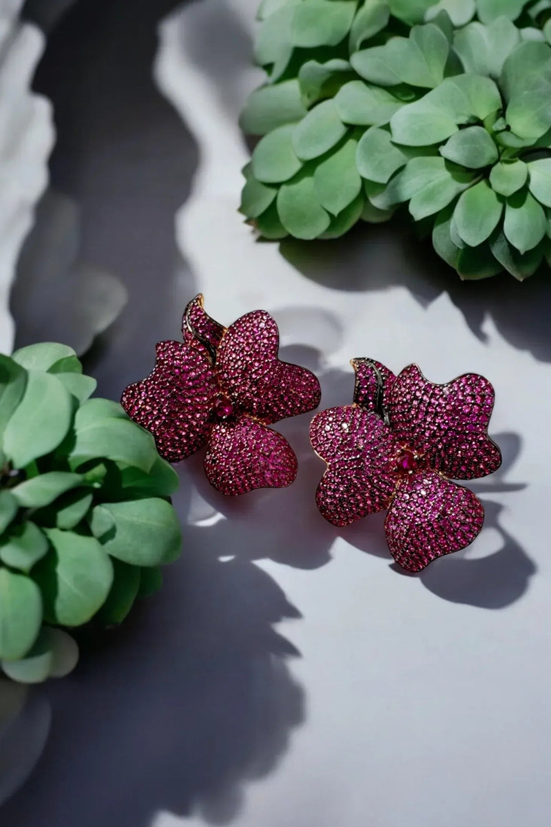 Flower Large Stud Earrings Ruby Rose Gold