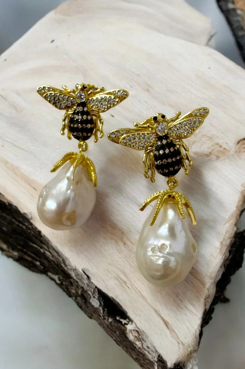 Baroque Pearl Honey Bee Drop Earrings Gold