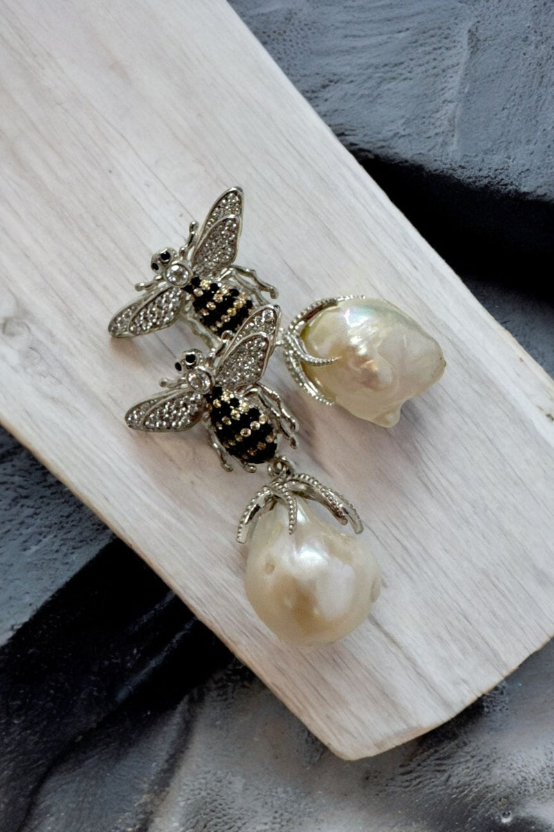 Baroque Pearl Honey Bee Drop Earrings Silver