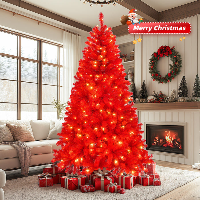 6 FT Artificial Christmas Tree with DIY 100 Warm Lights Battery Operated, 750 Branch Tips and Sturdy Metal Stand, Red