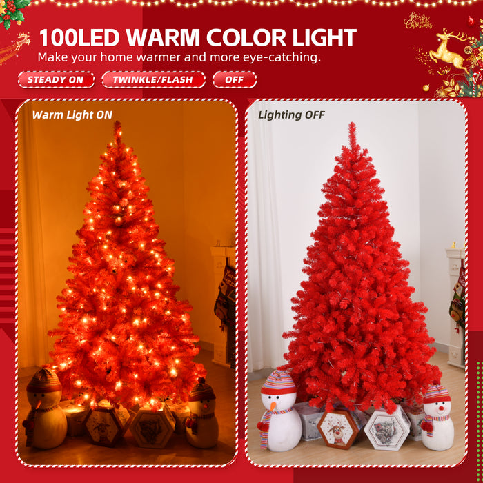 6 FT Artificial Christmas Tree with DIY 100 Warm Lights Battery Operated, 750 Branch Tips and Sturdy Metal Stand, Red