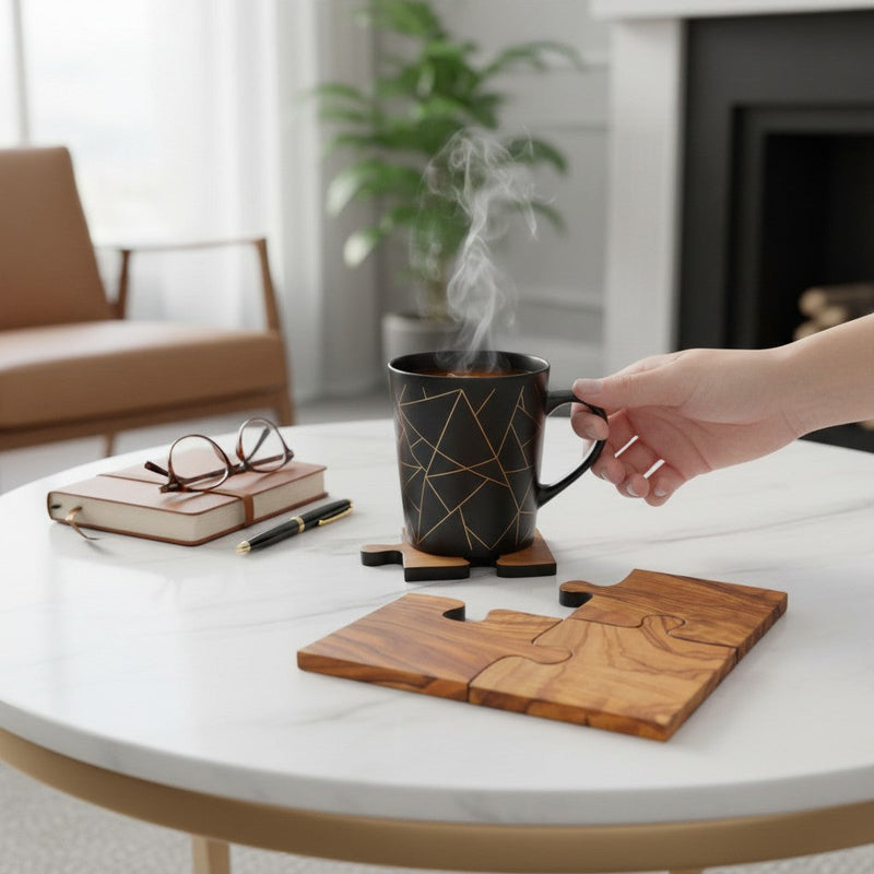 Olive Wood Puzzle Shaped Coasters | Interlocking Wooden Coffee Table Trivet Set