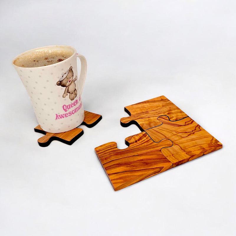 Olive Wood Puzzle Shaped Coasters | Interlocking Wooden Coffee Table Trivet Set