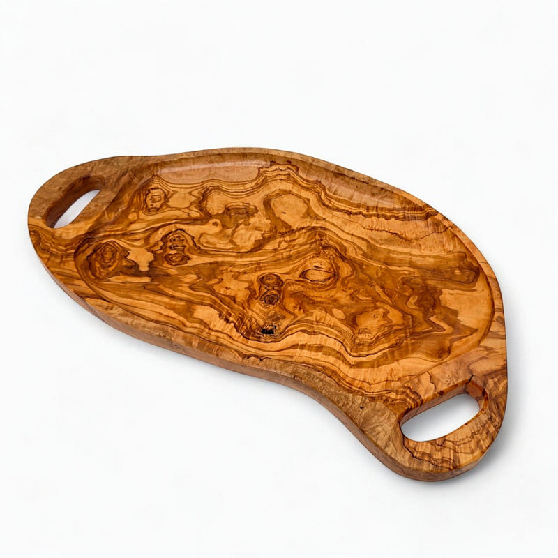 Handcrafted Irregular Olive Wood Serving Tray with Handles | Live Edge Platter