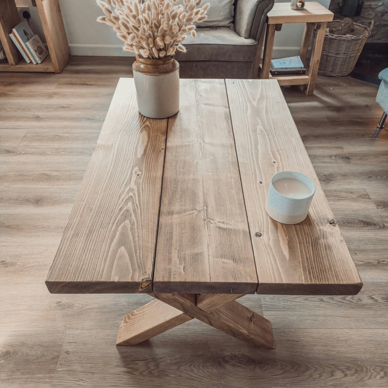 MAYA Solid Wood Cross Leg Farmhouse Coffee Table