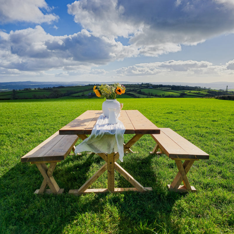 Outdoor Table With Timber Cross Legs and Bench