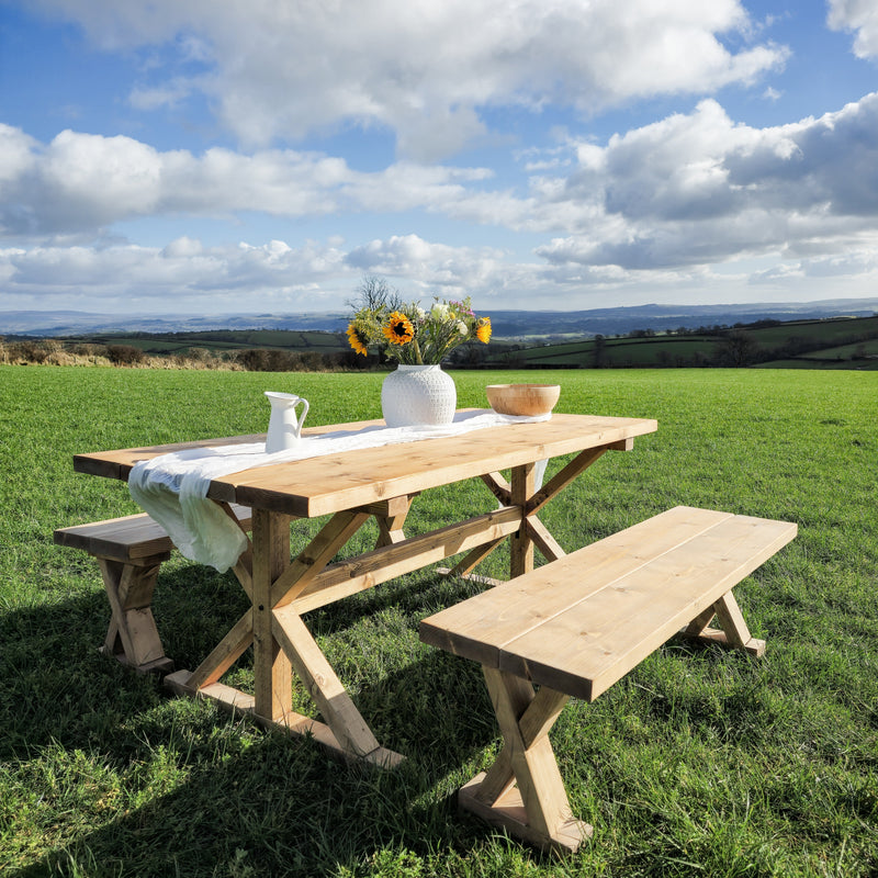 Outdoor Table With Timber Cross Legs and Bench