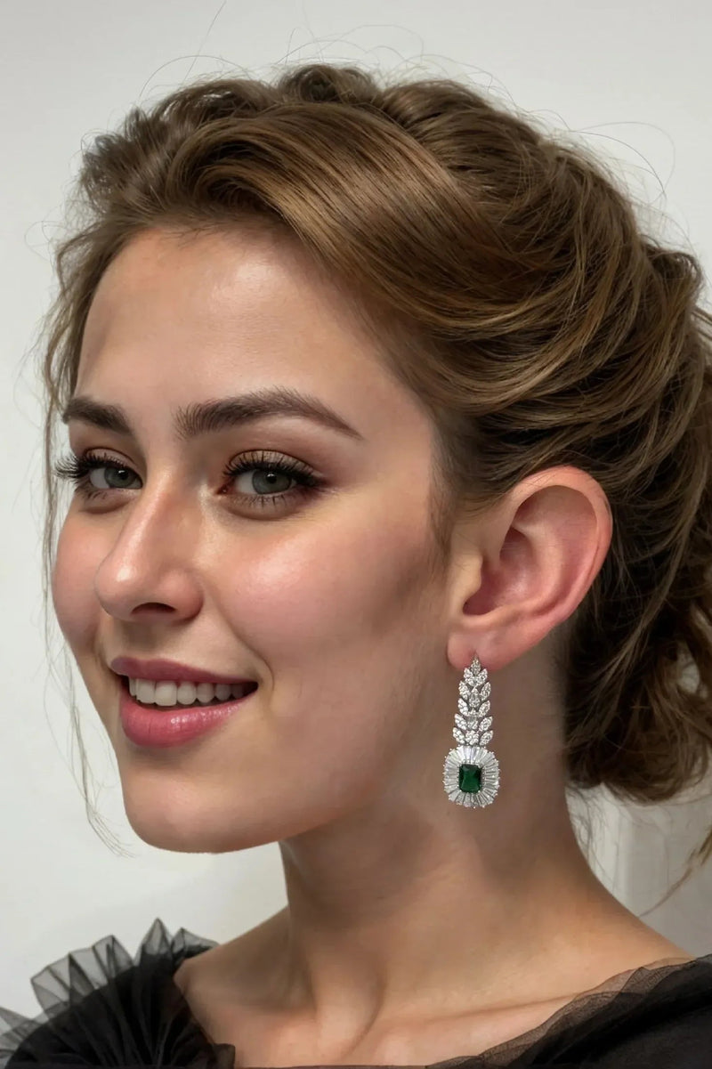 Countess Gemstone Drop Earrings Emerald Silver