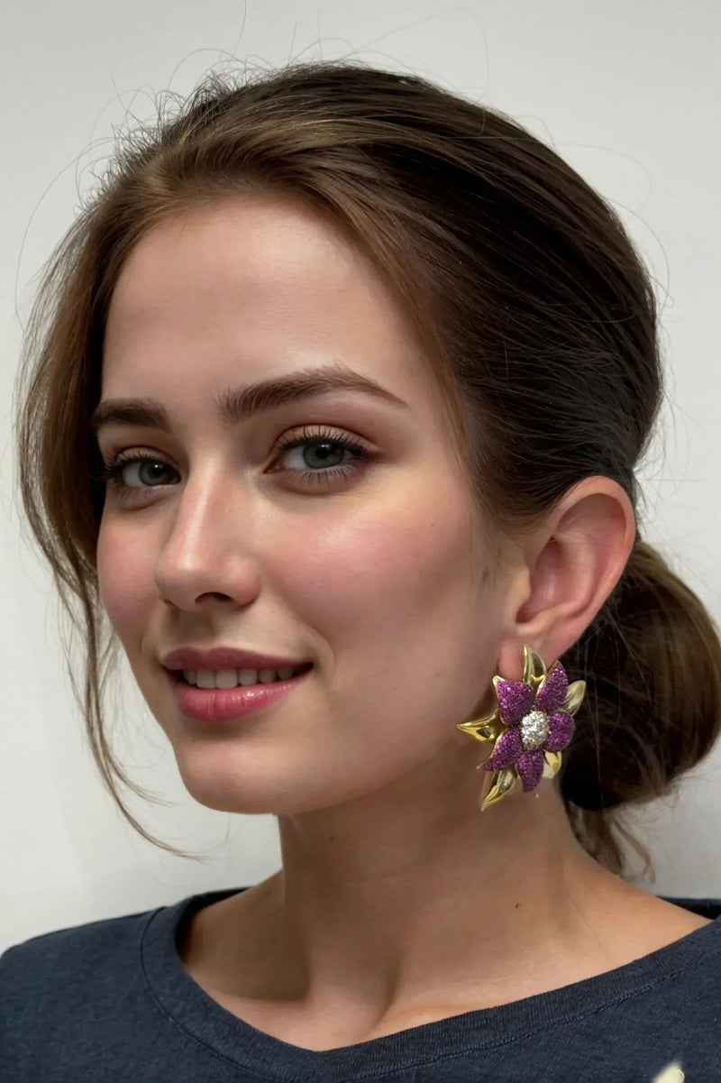Marguerite Daisy Flower Large Stud Earrings Ruby Gold