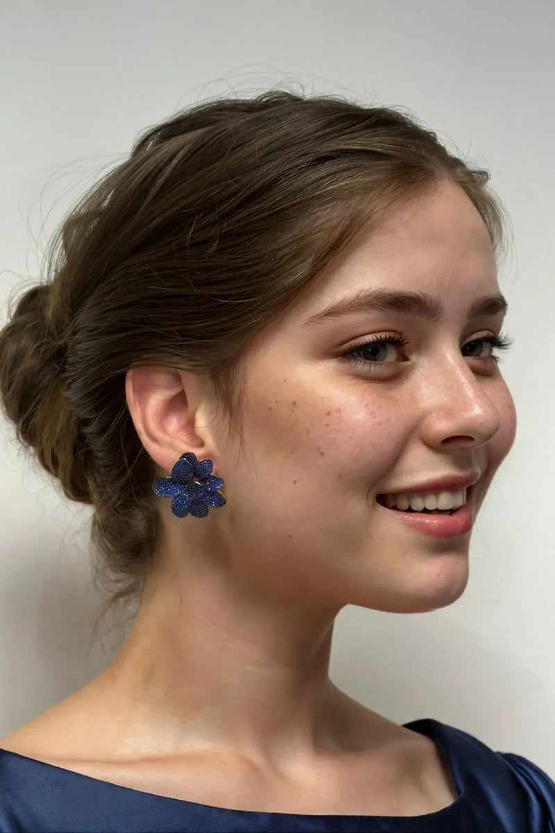 Amaryllis Flower Large Stud Earrings Gold Sapphire