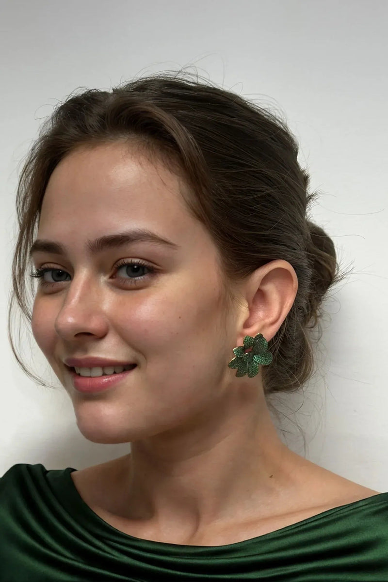 Amaryllis Flower Large Stud Earrings Gold Emerald