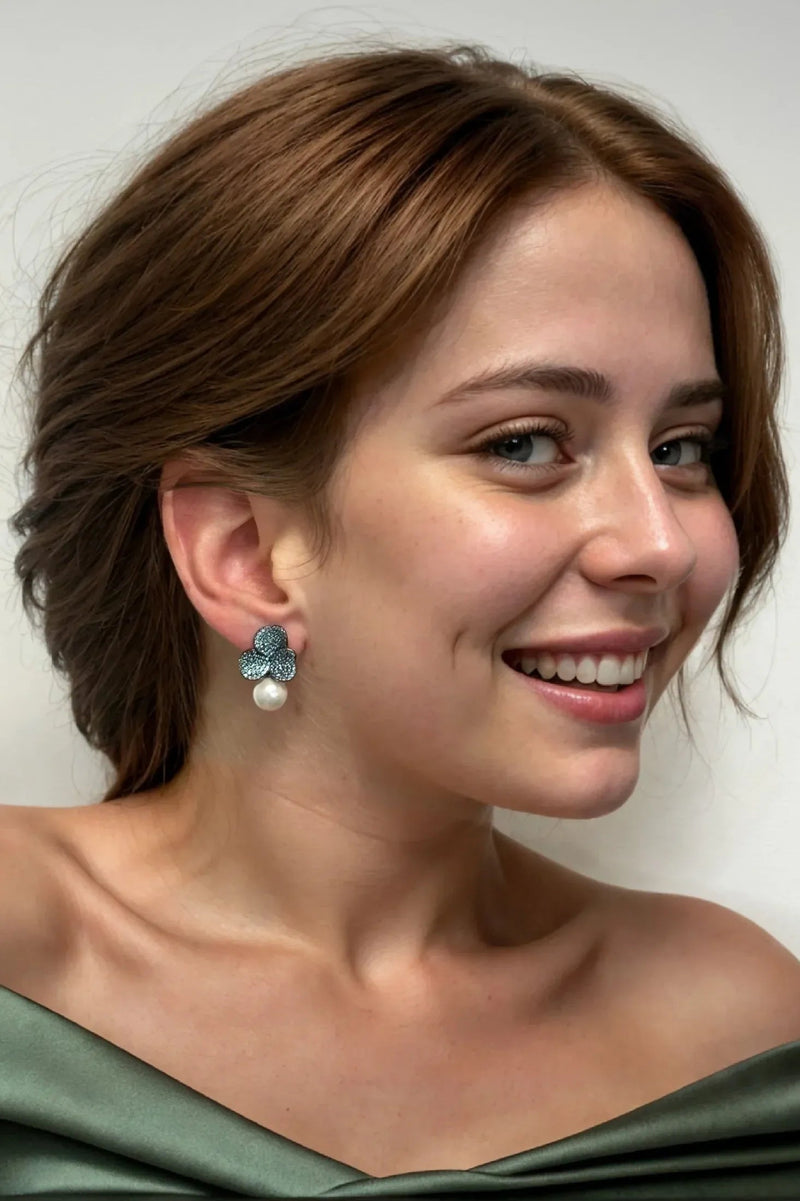 Iris Flower And Pearl Dangle Earrings Aqua Silver