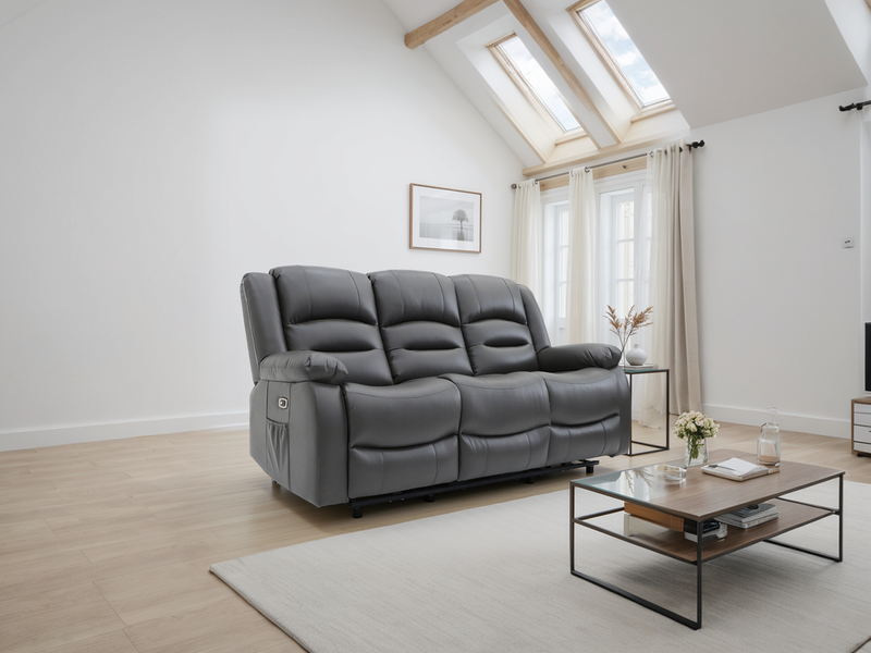 Alva Black 3 Seater Electric Recliner Sofa: USB, Cupholders & Storage