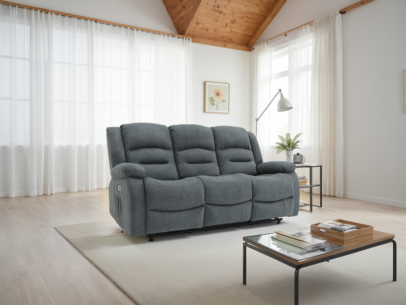 Alva Graphite Electric Recliner 3 Seater Sofa: USB-C, Cupholders, Storage