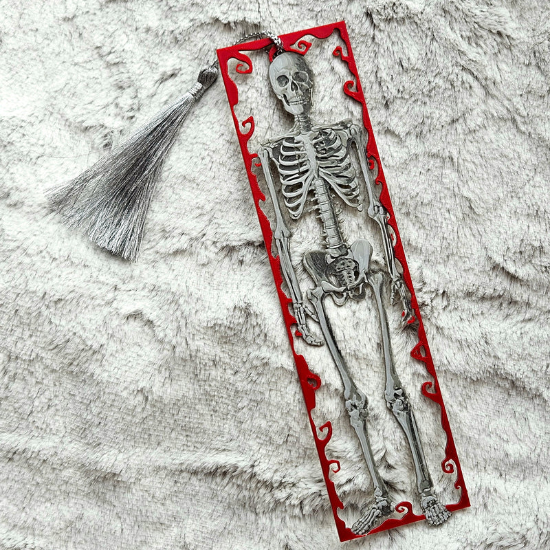 Framed Skeleton – Gothic Skeleton Bookmark with Red Swirl Frame
