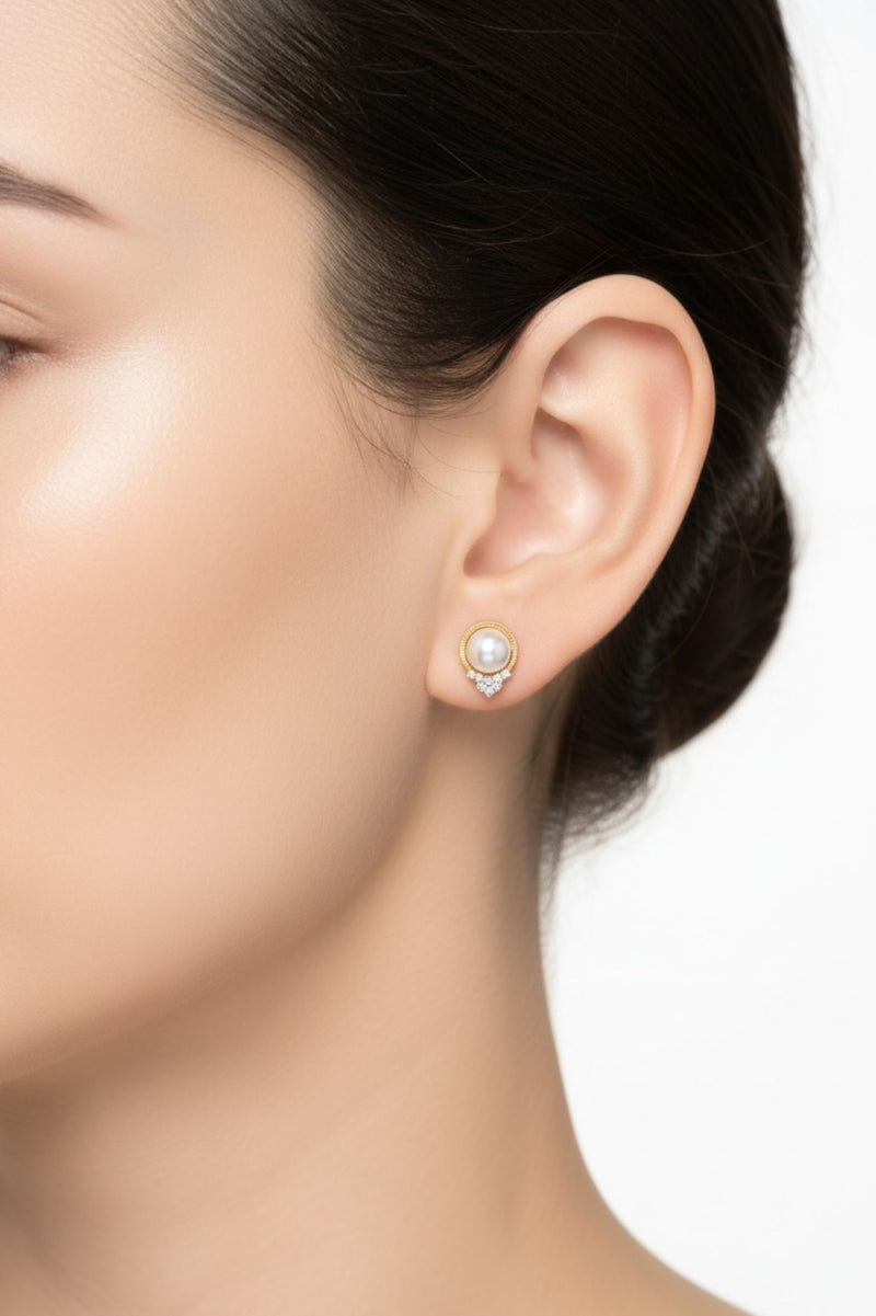 Solid 14k Gold Diamond and Pearl Empress Earrings